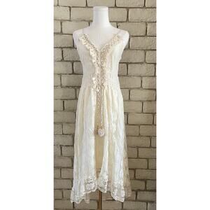 Boho Lace V-Neck Maxi Dress – Cream/Ivory – High-Low Tassel Sundress Size Medium